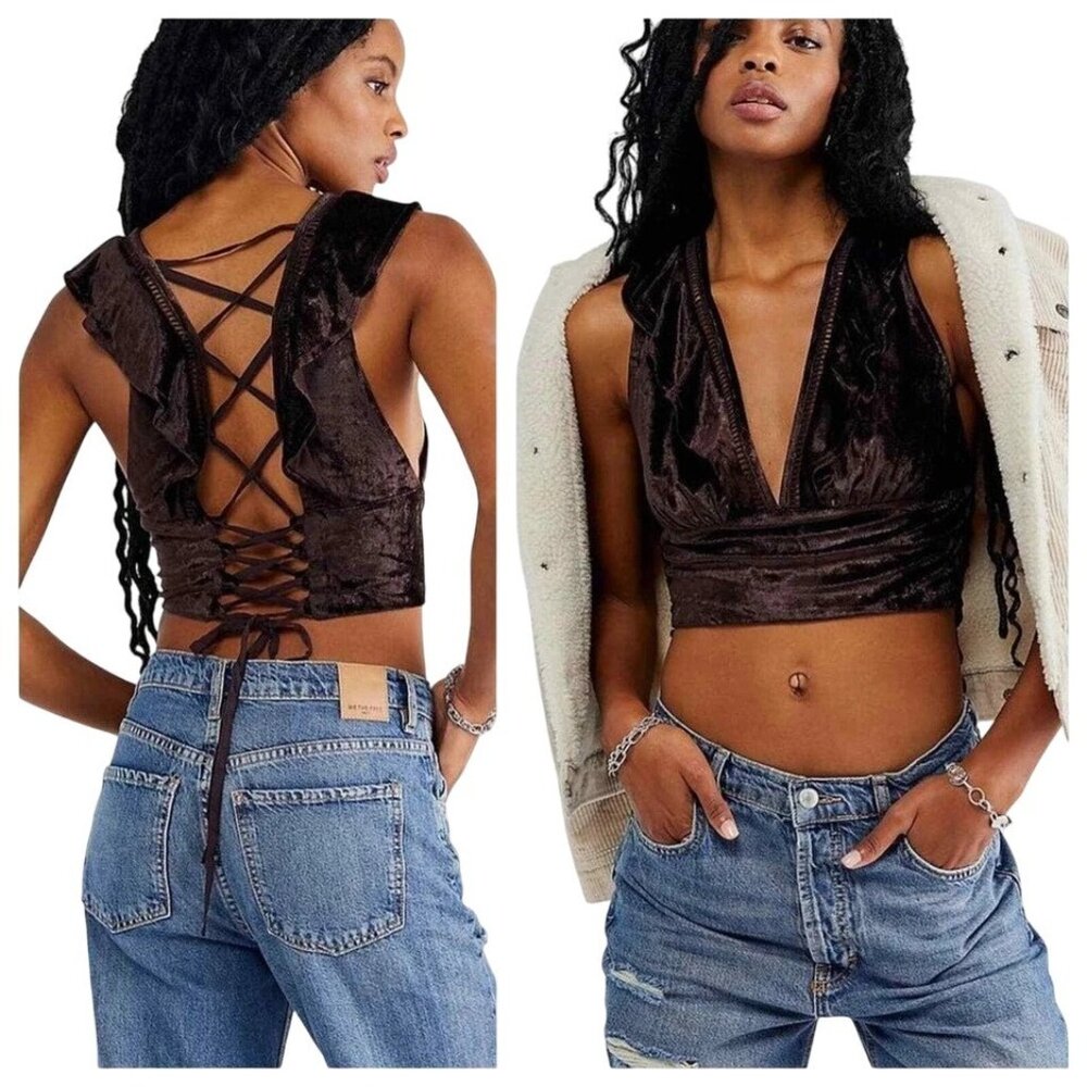 Free People Velvet Lace-Up Crop Top Brown Plunge V-Neck Festival Boho Size S